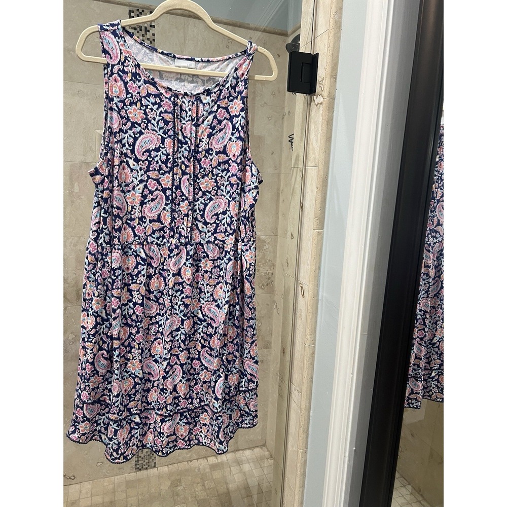 J Jill Womens XLP Pink Blue Paisley Floral Sleeveless Pocket Knit Dress XL Pet